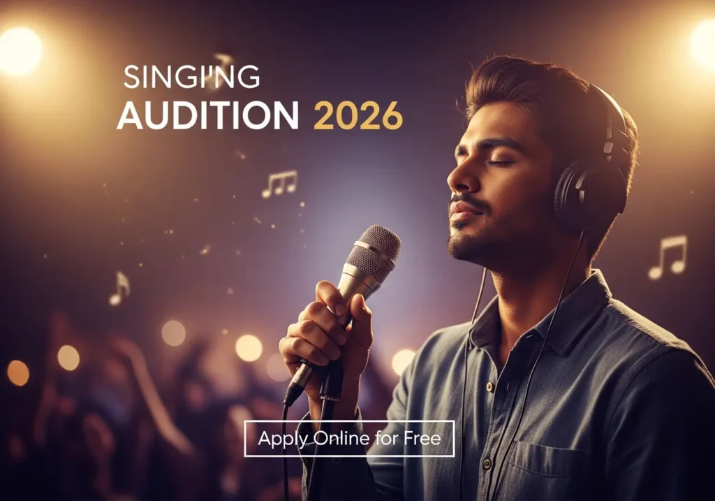 Hero image of a male singer performing with microphone and stage lights — Singing Audition 2026