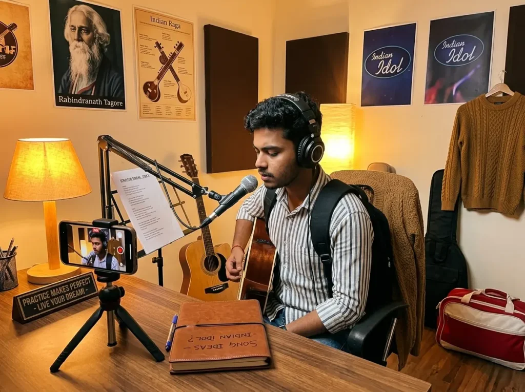 Singer practicing at home before Indian Idol audition