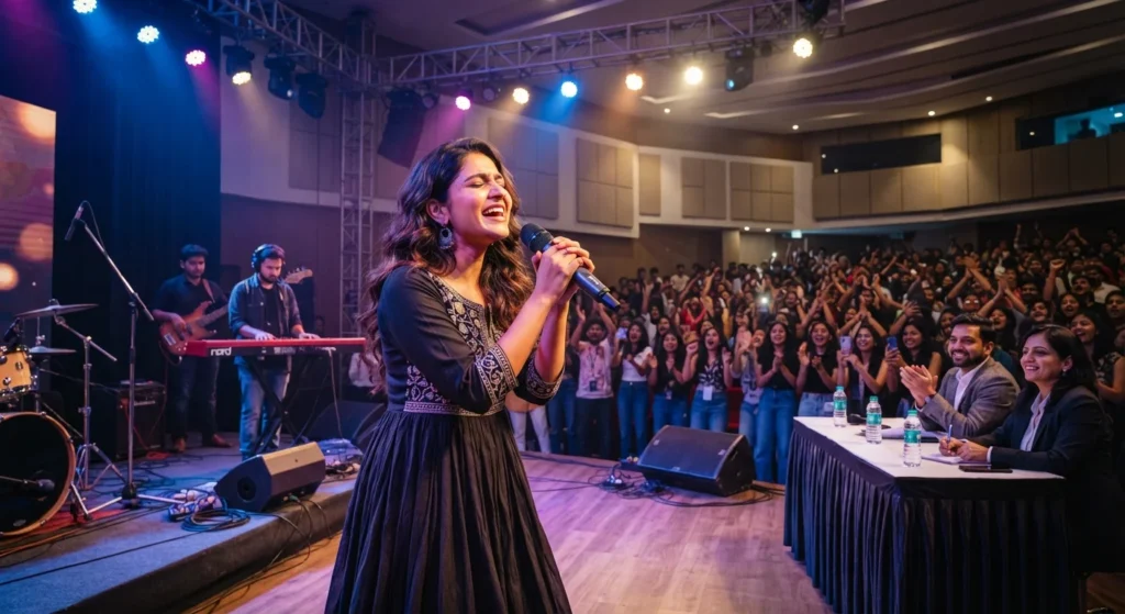 Indian college student performing in an inter college singing competition