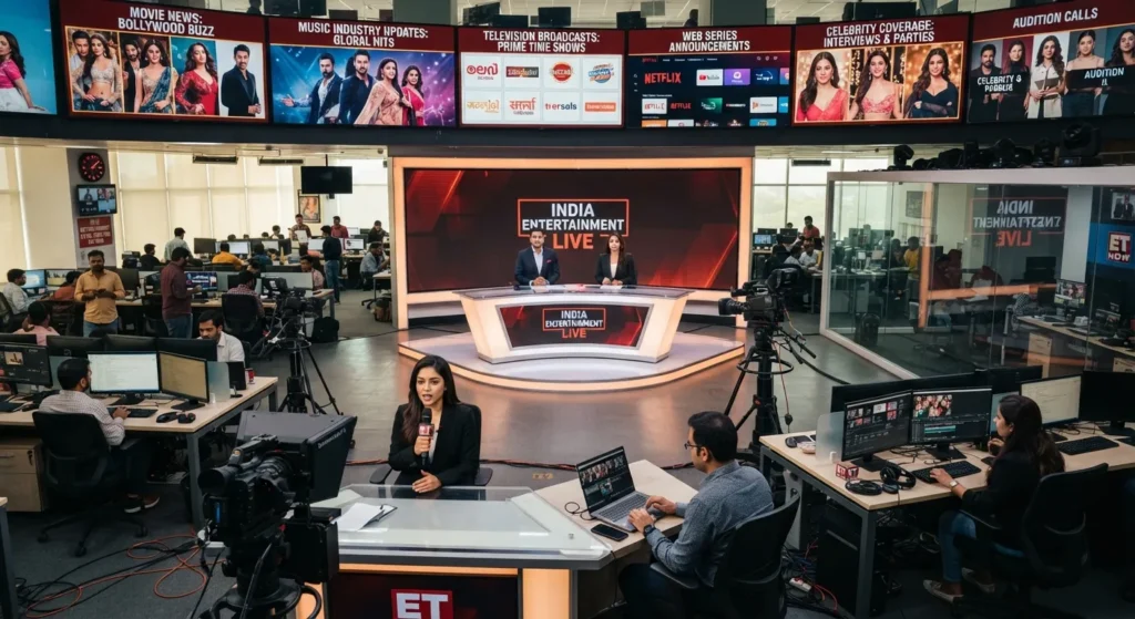 Entertainment newsroom featuring movie music and television industry updates