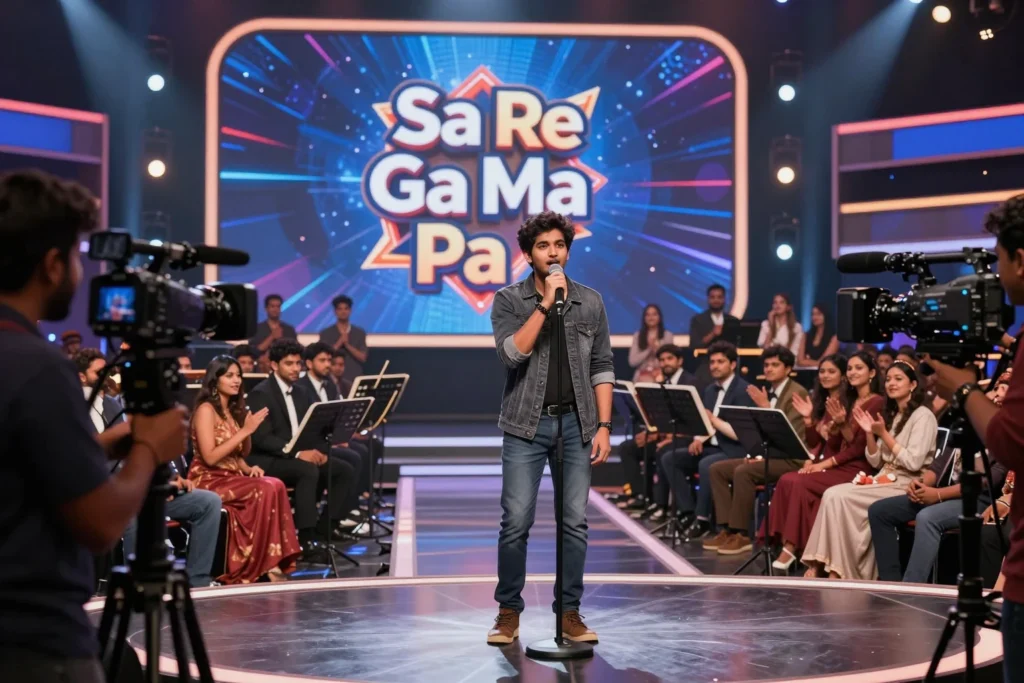 Indian singer performing during a professional singing reality show audition