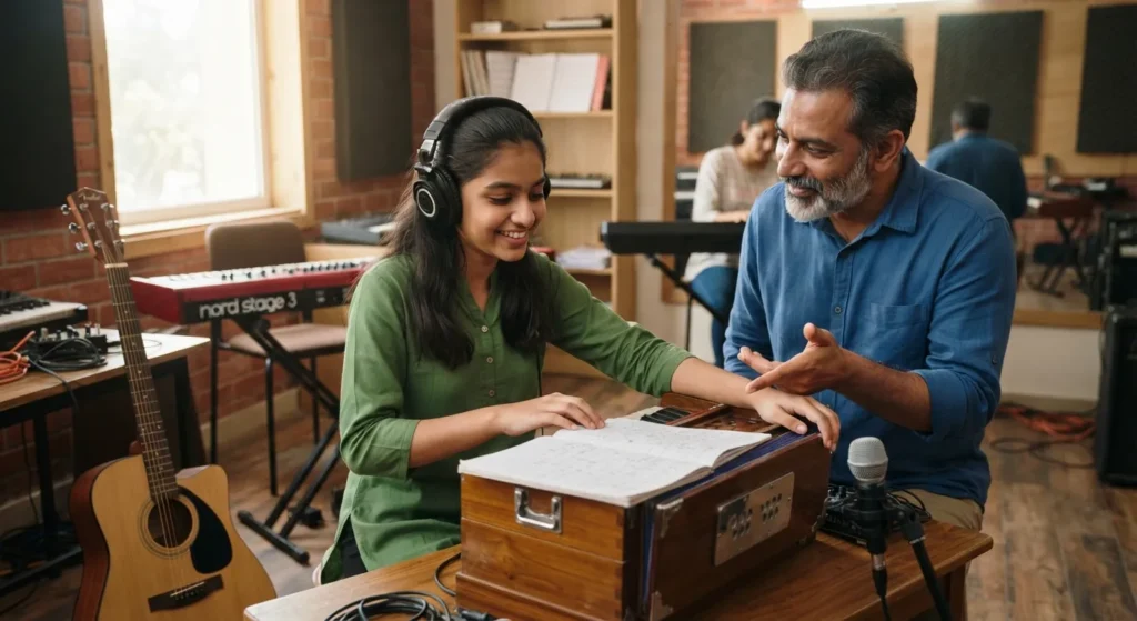 Indian student learning music and practicing musical instruments