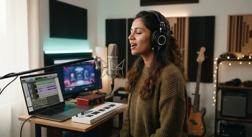 Indian singer recording a performance for an online singing competition
