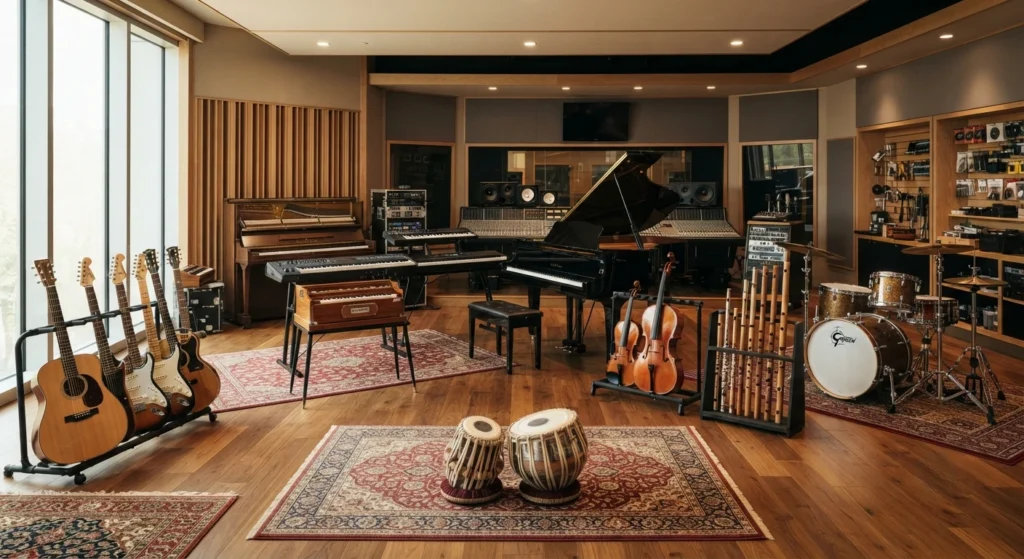 Popular musical instruments displayed inside a professional music studio