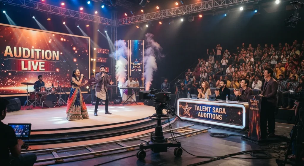 Contestants performing during a reality show audition in India