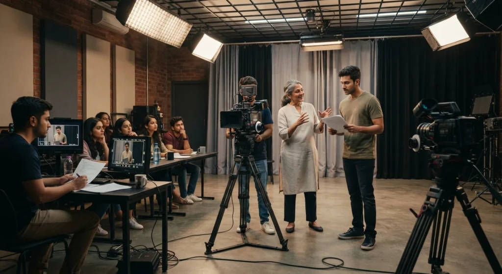 Students learning professional acting techniques in an acting class