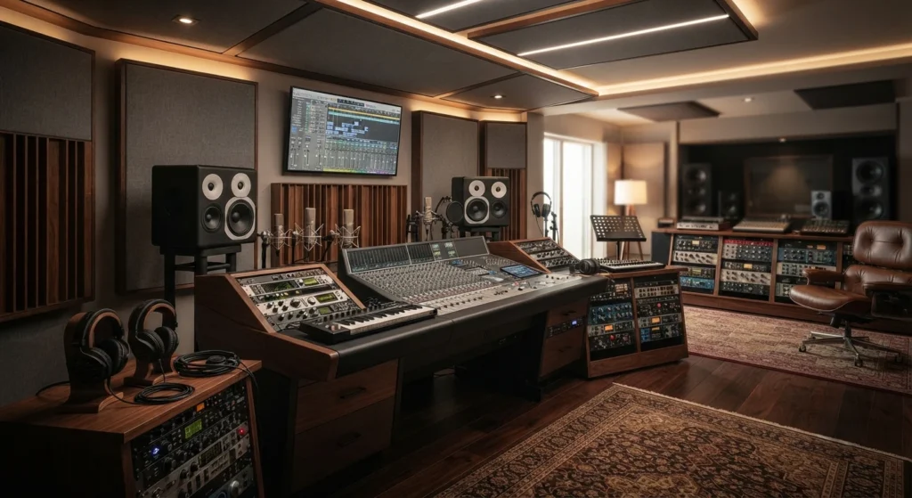 Professional recording equipment inside a modern music studio