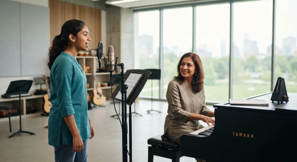 Student learning vocal techniques in a professional singing class