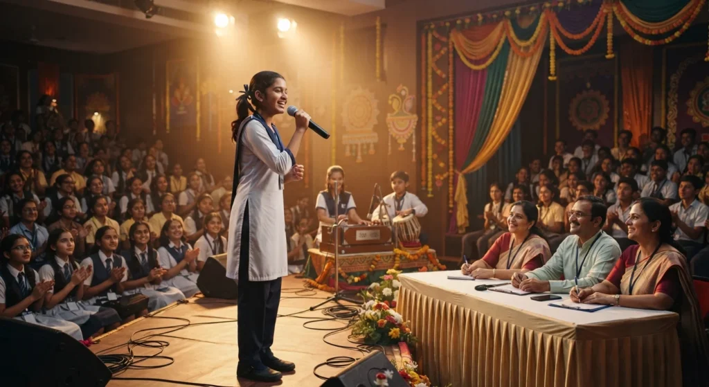 Indian school student performing in a school singing competition