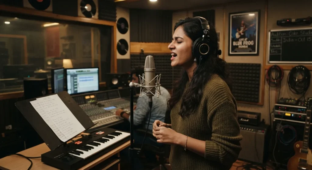 Young Indian singer building a professional singing career in a recording studio